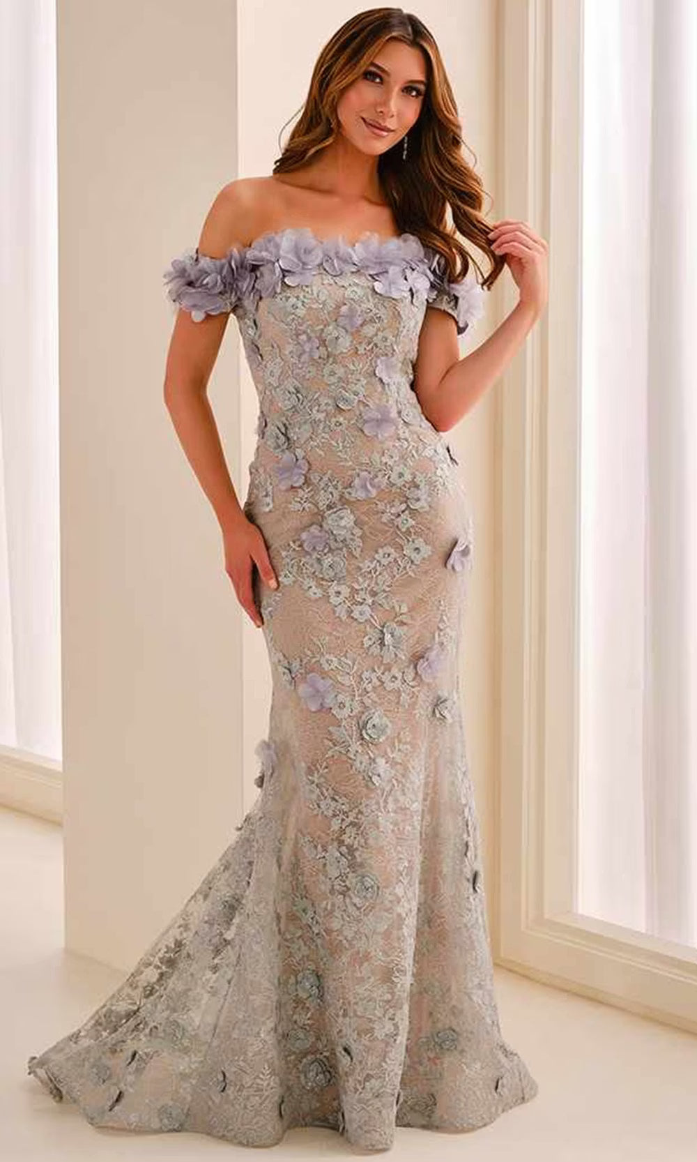 Montage by Mon Cheri M3215 - Floral Straight Across Mermaid Dress Evening Dresses in Silver and Neutral
