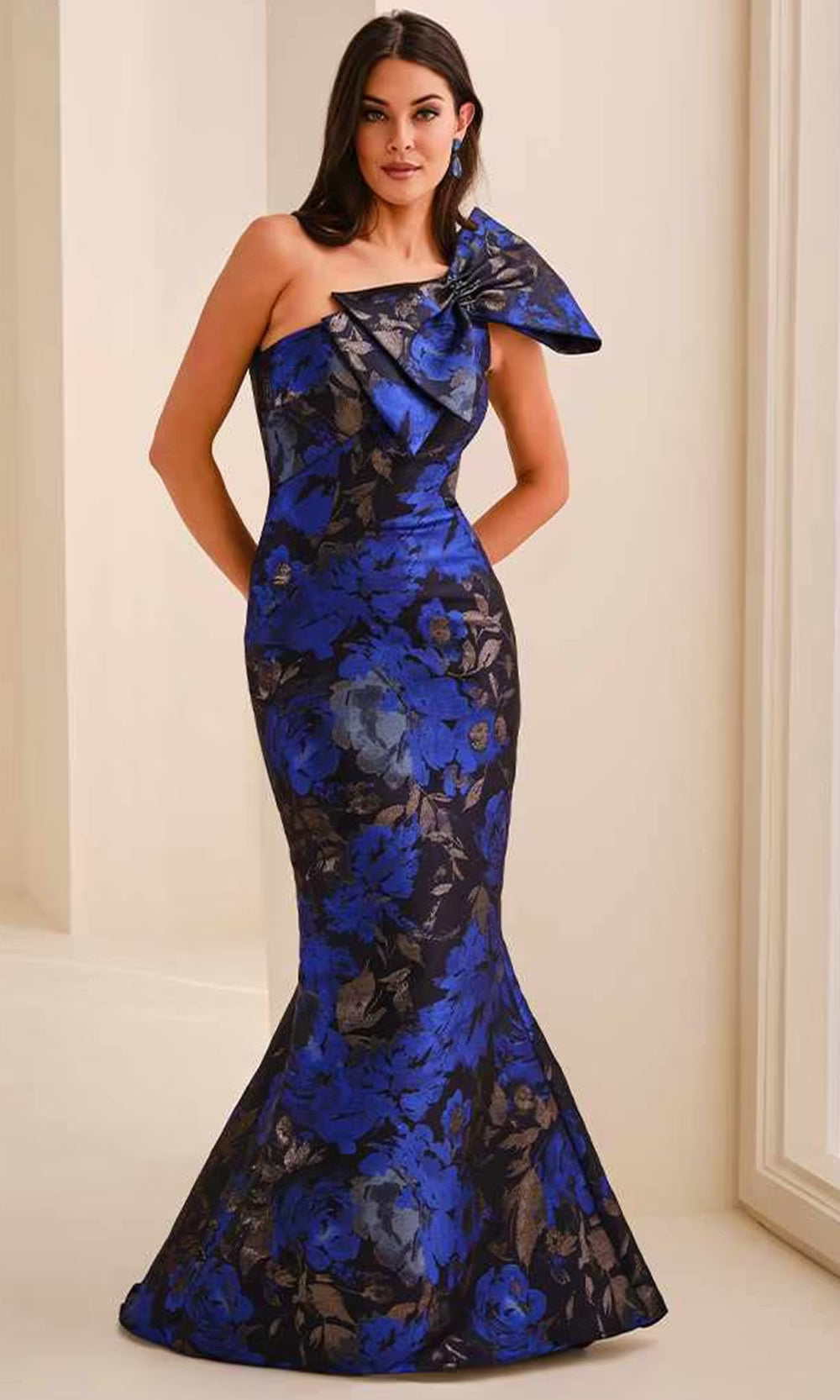 Montage by Mon Cheri M3216 - Floral Pattern Asymmetric Long Dress Evening Dresses in Blue  