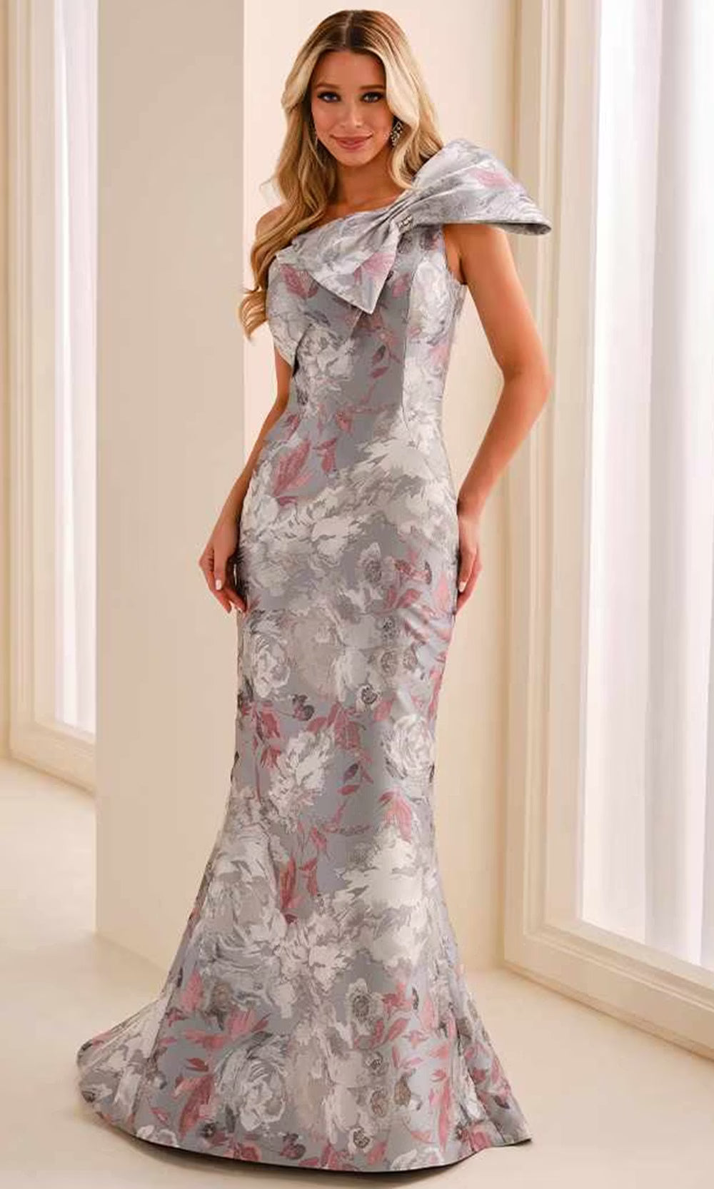 Montage by Mon Cheri M3216 - Floral Pattern Asymmetric Long Dress Evening Dresses in Silver  