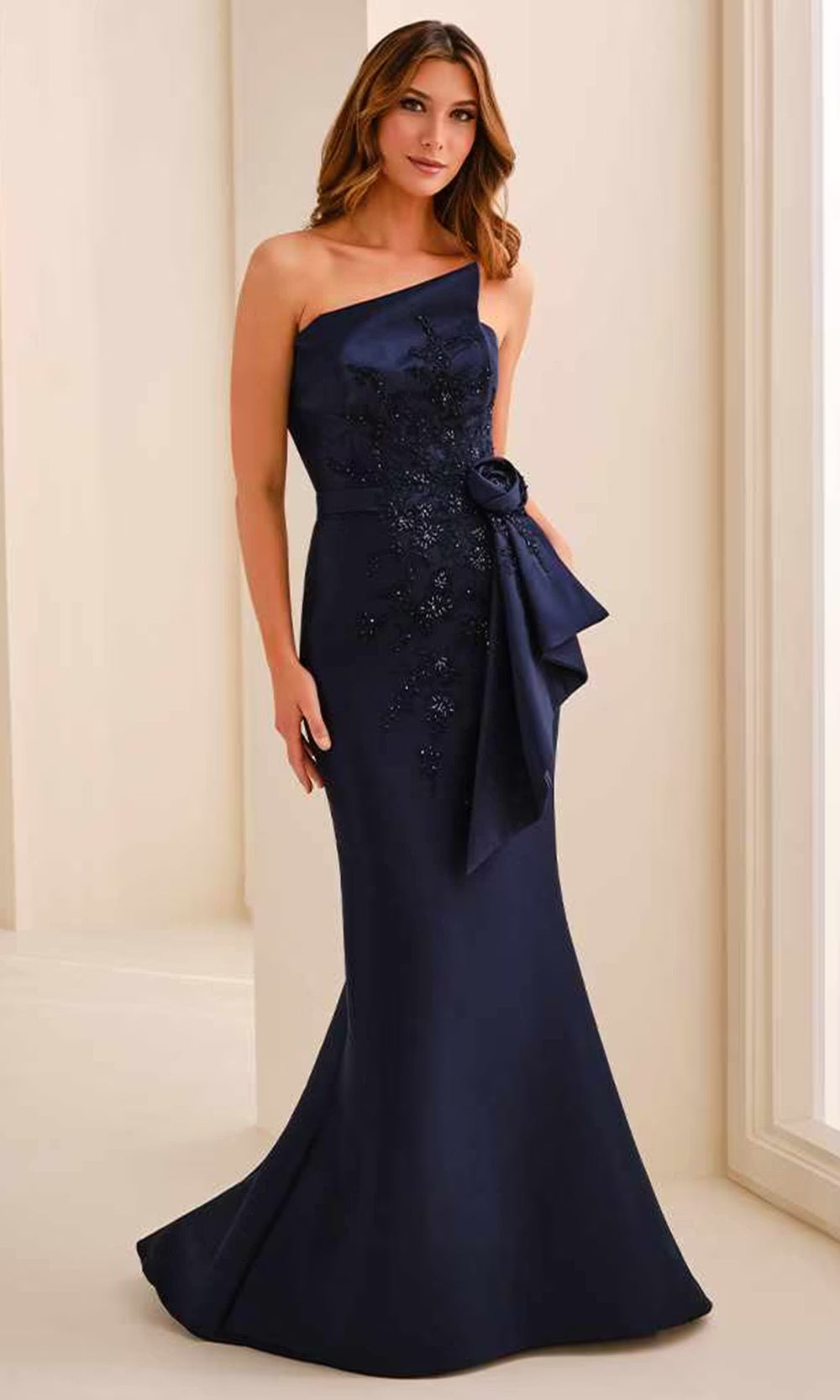 Montage by Mon Cheri M3219 - Rosette Accent Asymmetric Mermaid Dress Evening Dresses in Blue  