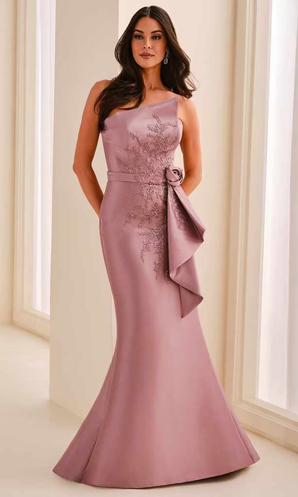 Montage by Mon Cheri M3219 - Rosette Accent Asymmetric Mermaid Dress Evening Dresses in Purple  