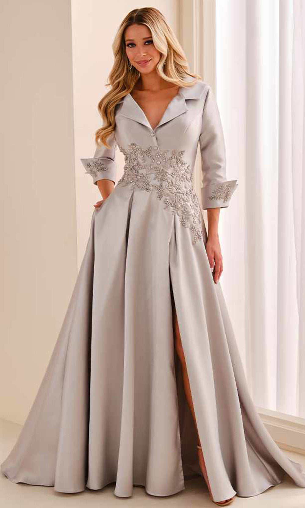 Montage by Mon Cheri M3220 - Three-Quarter Sleeve Pleated Mikado Dress Mother Of The Bride Dresses in Silver  