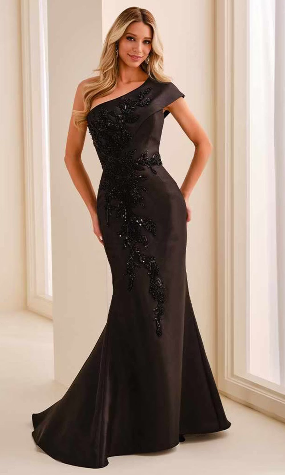 Montage by Mon Cheri M3222 - One Shoulder Sparkling Applique Dress Mother Of The Bride Dresses in Black  
