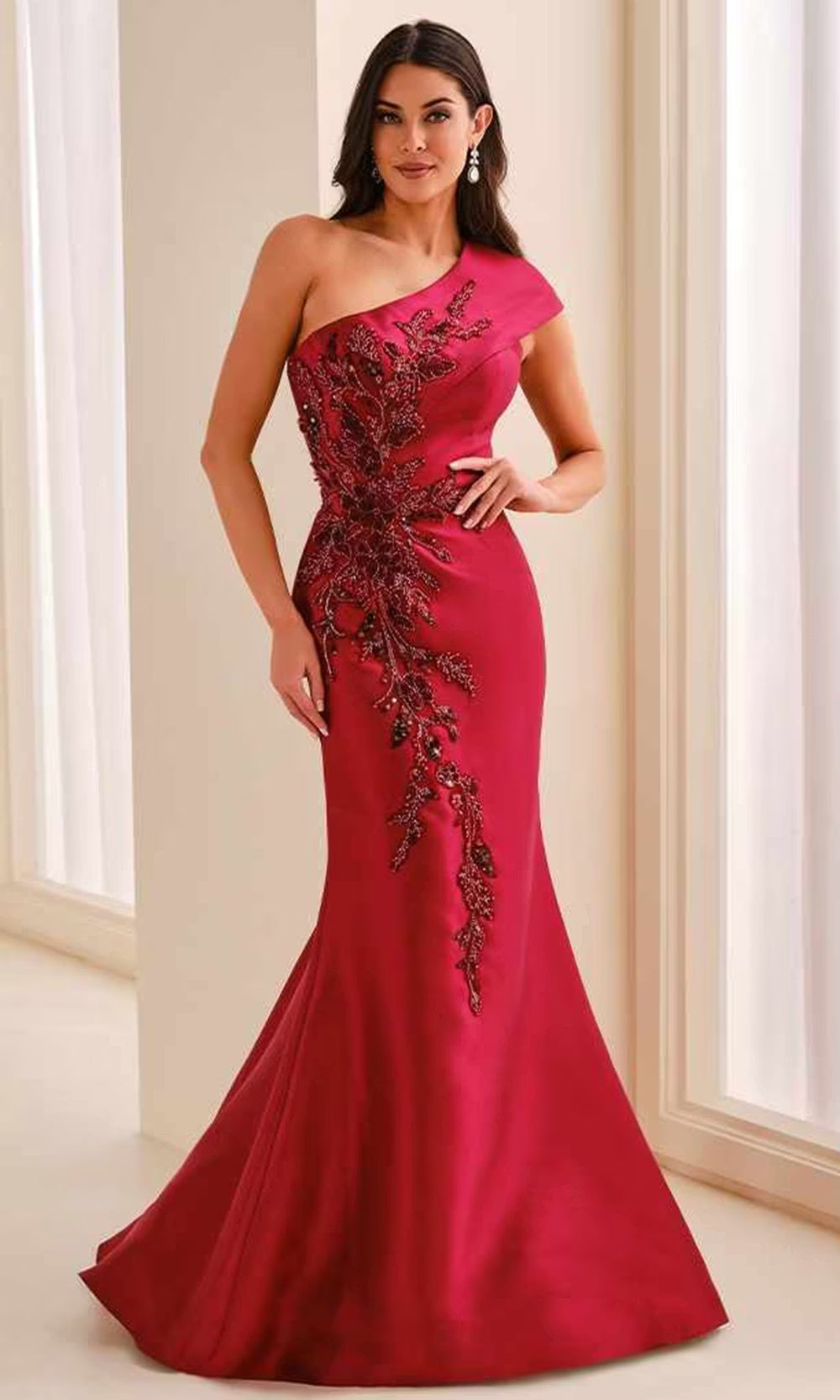 Montage by Mon Cheri M3222 - One Shoulder Sparkling Applique Dress Mother Of The Bride Dresses in Red  