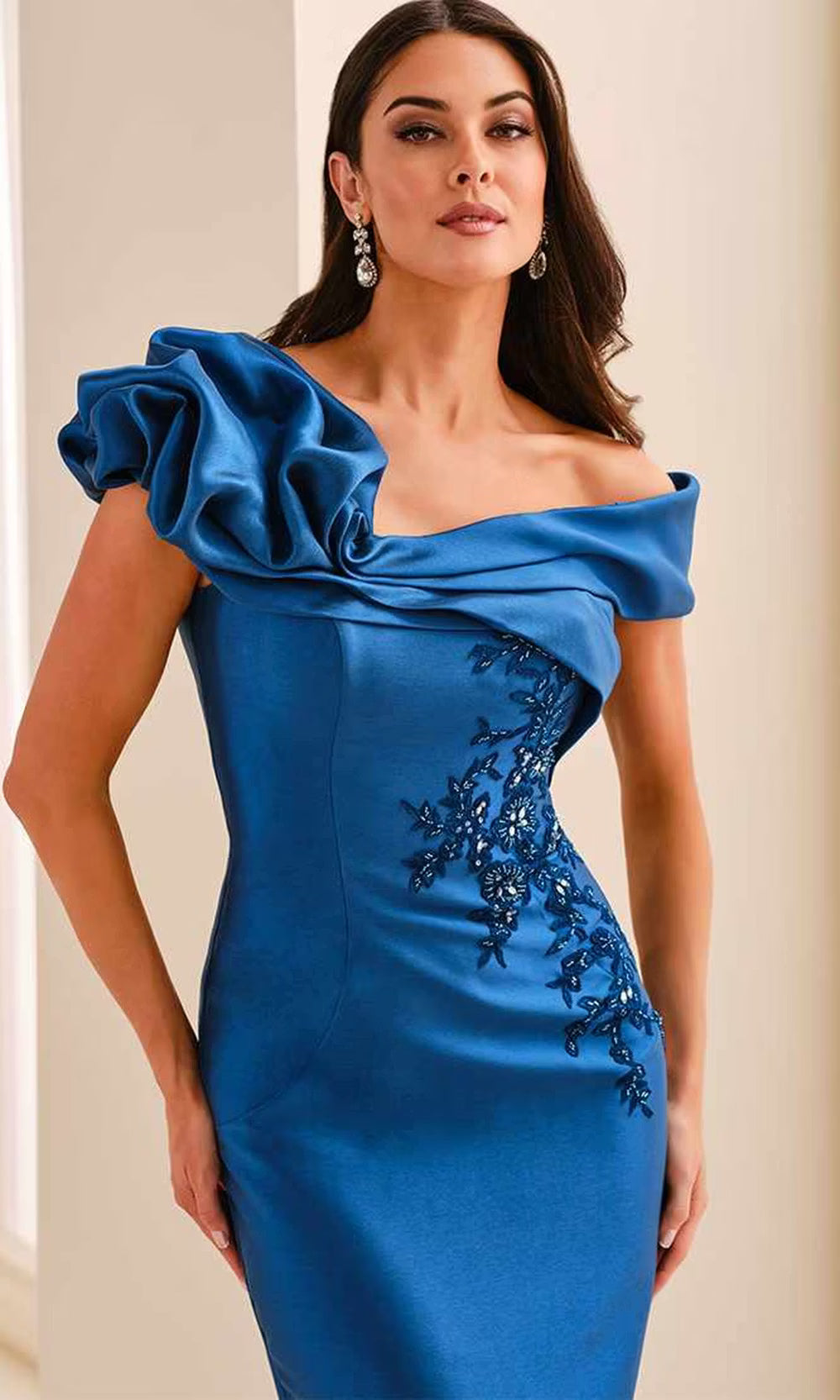 Montage by Mon Cheri M3224 - Asymmetric Mikado Lace Applique Dress Mother of the Bride Dresses in Blue  