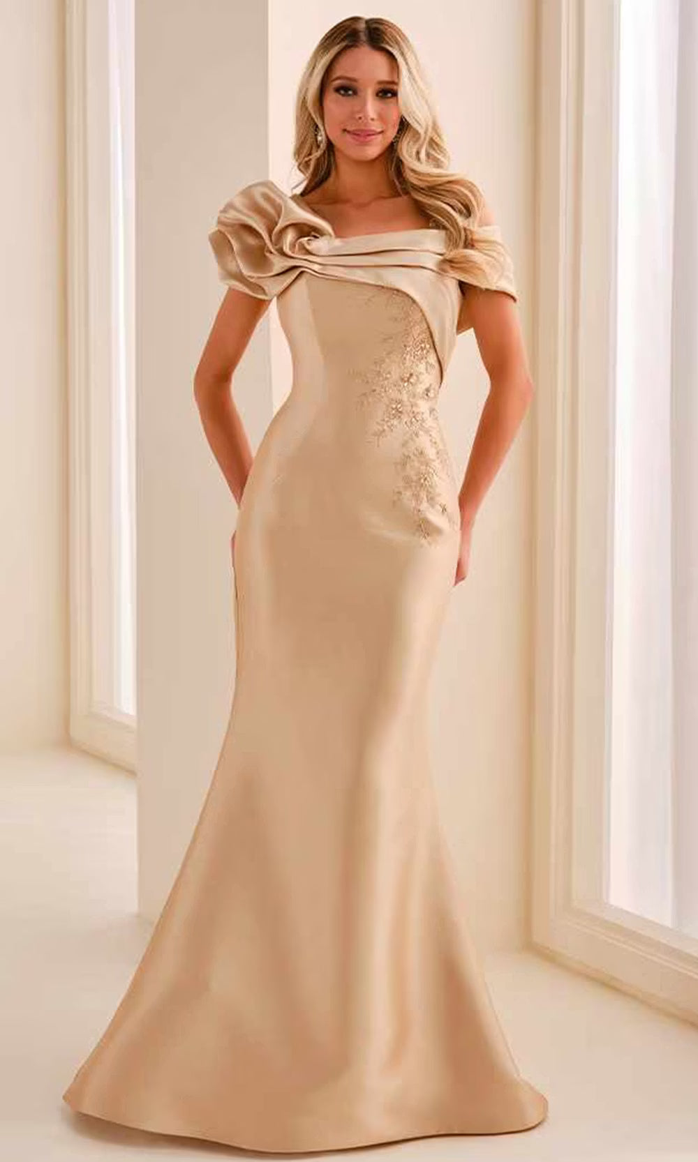 Montage by Mon Cheri M3224 - Asymmetric Mikado Lace Applique Dress Mother of the Bride Dresses in Neutral  