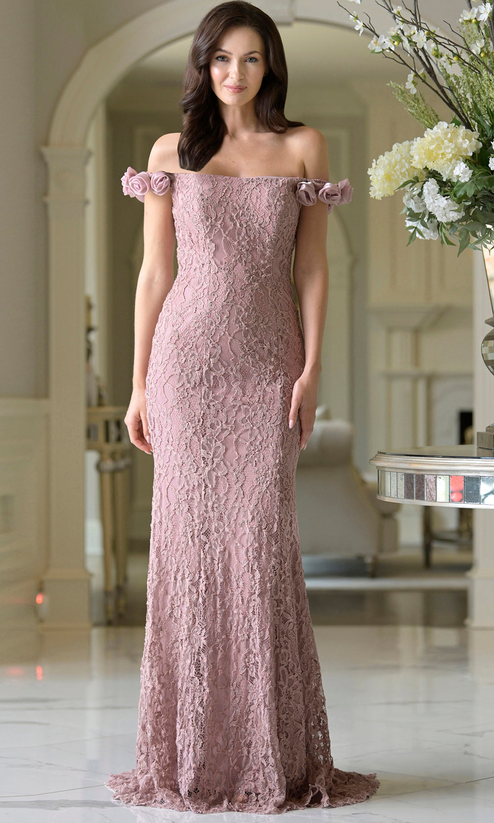 Marsoni by Colors M341 - Straight Neckline Evening Gown with Rose Accents Prom Dresses