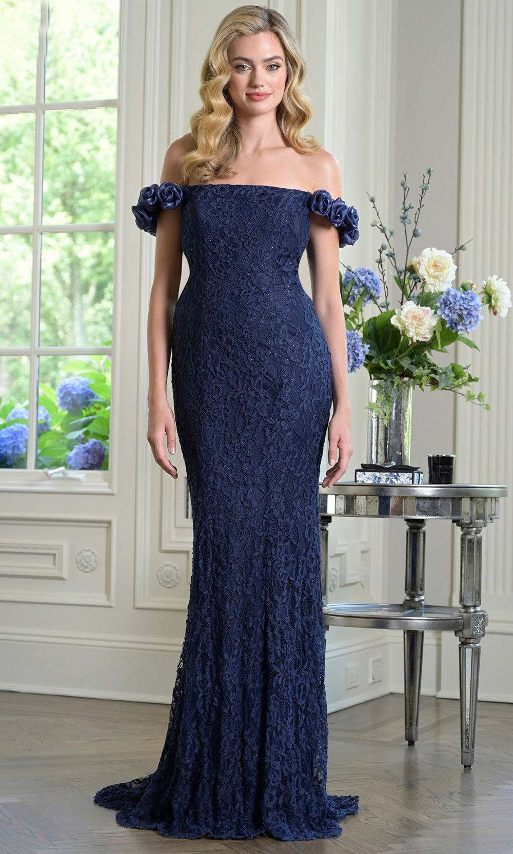 Marsoni by Colors M341 - Straight Neckline Evening Gown with Rose Accents Prom Dresses