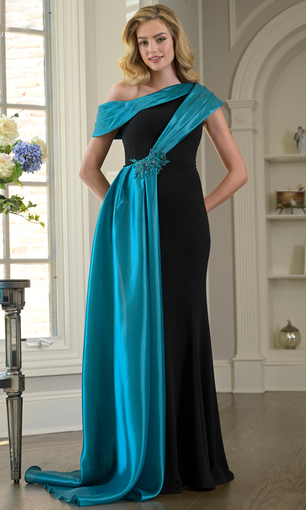 Marsoni by Colors M346 - Long Stretch Crepe/ Diamond Organza Sheath Dress - Short Sleeves, Fold-Over Detailing, Beaded Accent, Draped Overlay Panel, Mid-Open Back, Sweep Train ADASA Marsoni by Colors M346 - Long Stretch Crepe/ Diamond Organza Sheath Dress - Short Sleeves, Fold-Over Detailing, Beaded Accent, Draped Overlay Panel, Mid-Open Back, Sweep Train ADASA