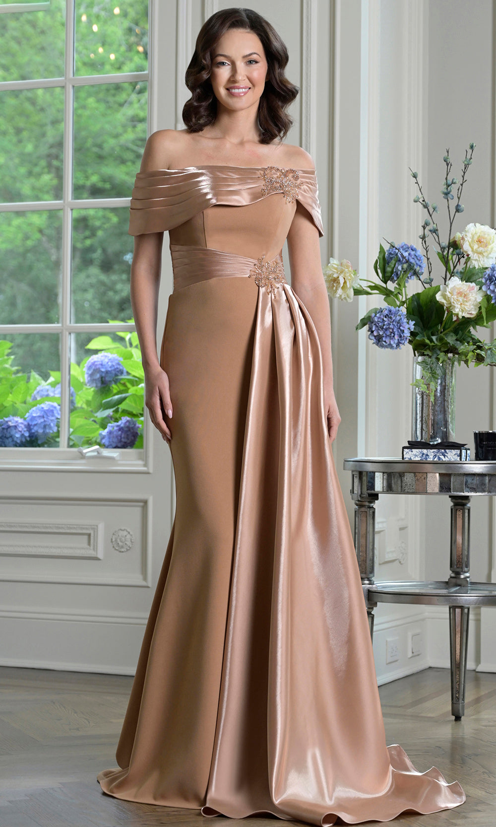 Marsoni by Colors M347 - Short Sleeve Fitted Gown with Side Overlay Formal Gowns