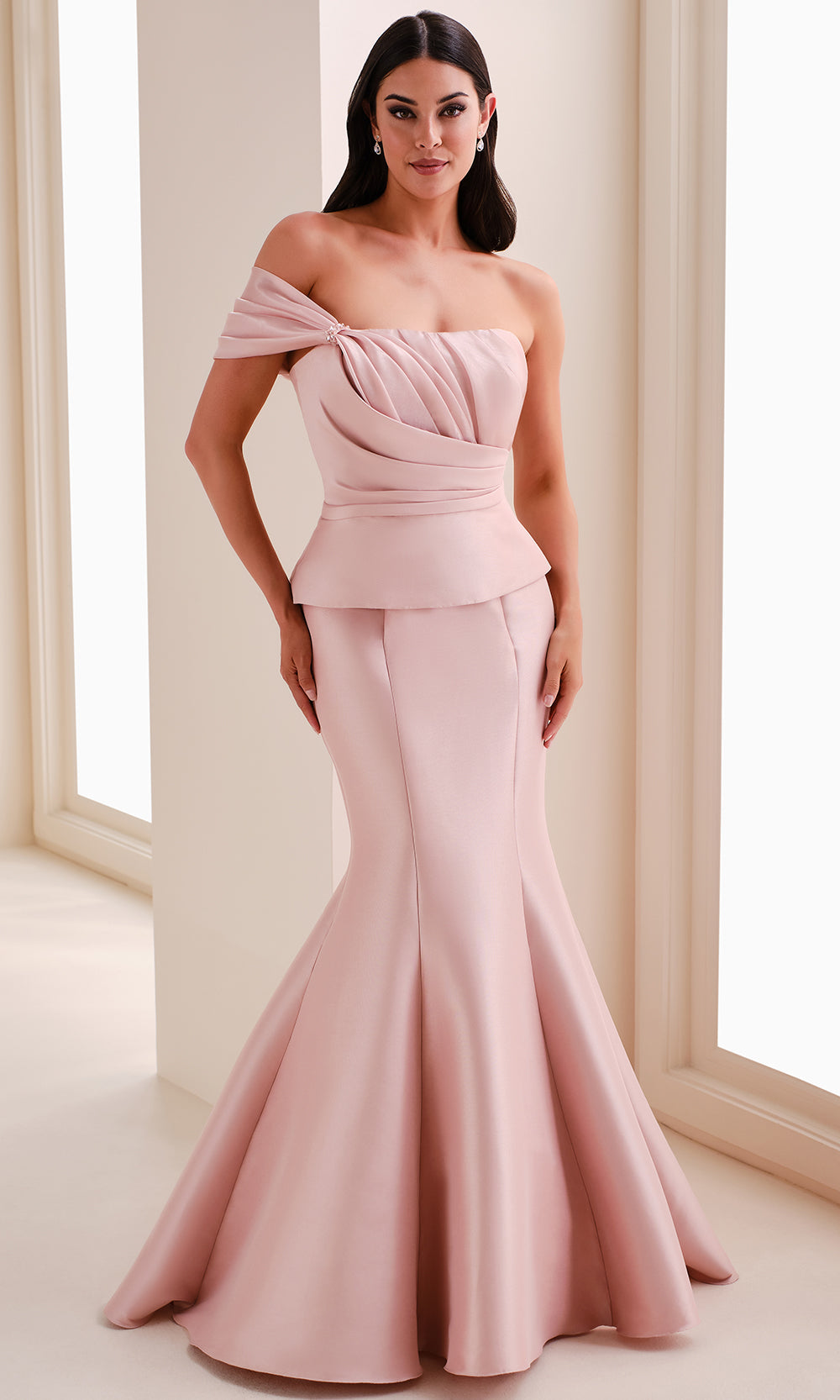 Montage M4200 - Peplum Detail Mermaid Gown with Shawl Prom Dresses