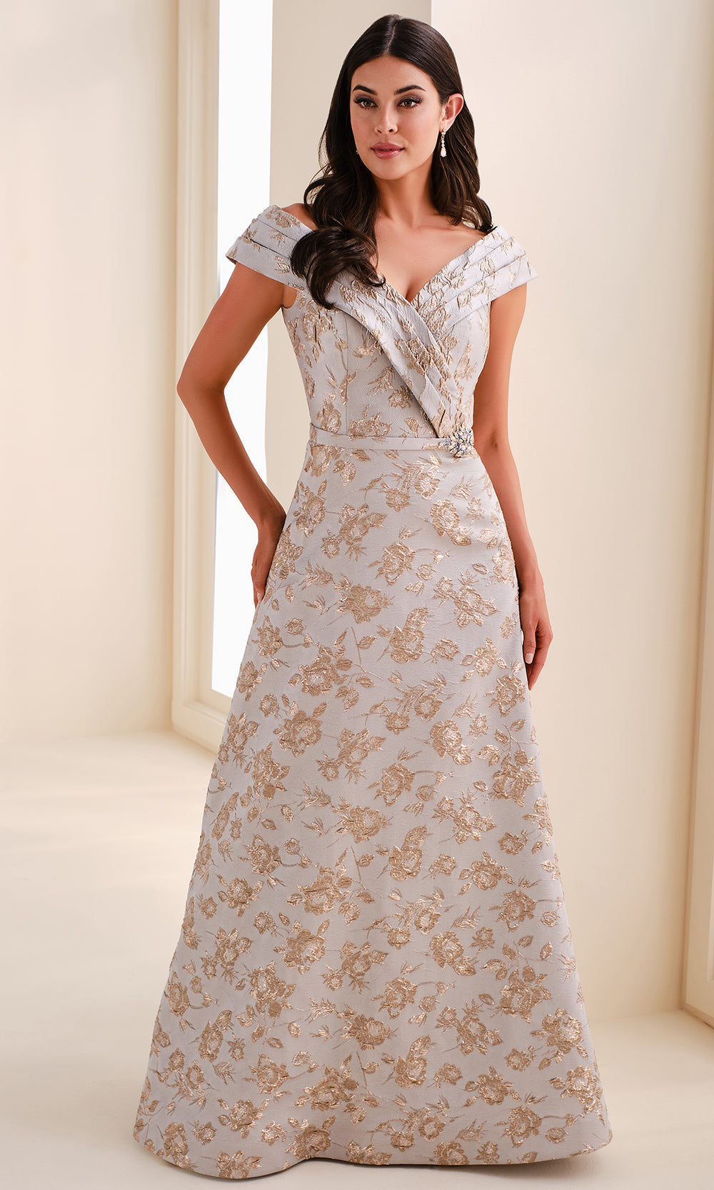 Montage M4203 - Wrapped Bodice Brocade Gown with Jeweled Brooch Formal Gowns