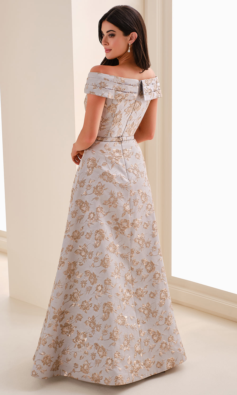 Montage M4203 - Wrapped Bodice Brocade Gown with Jeweled Brooch Formal Gowns