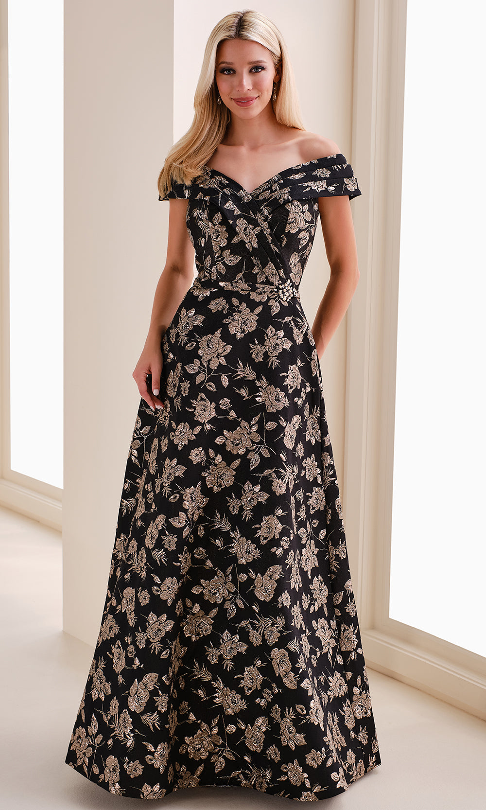 Montage M4203 - Wrapped Bodice Brocade Gown with Jeweled Brooch Formal Gowns