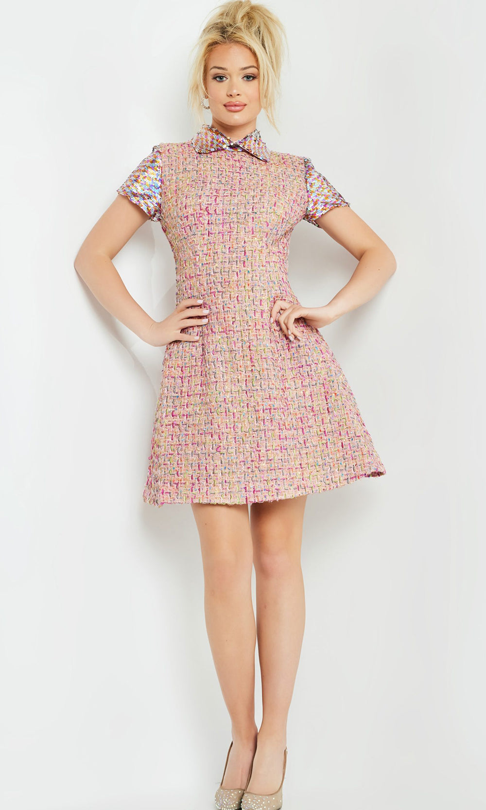 Jovani M68930 - Collared High Neck Tweed Short Dress