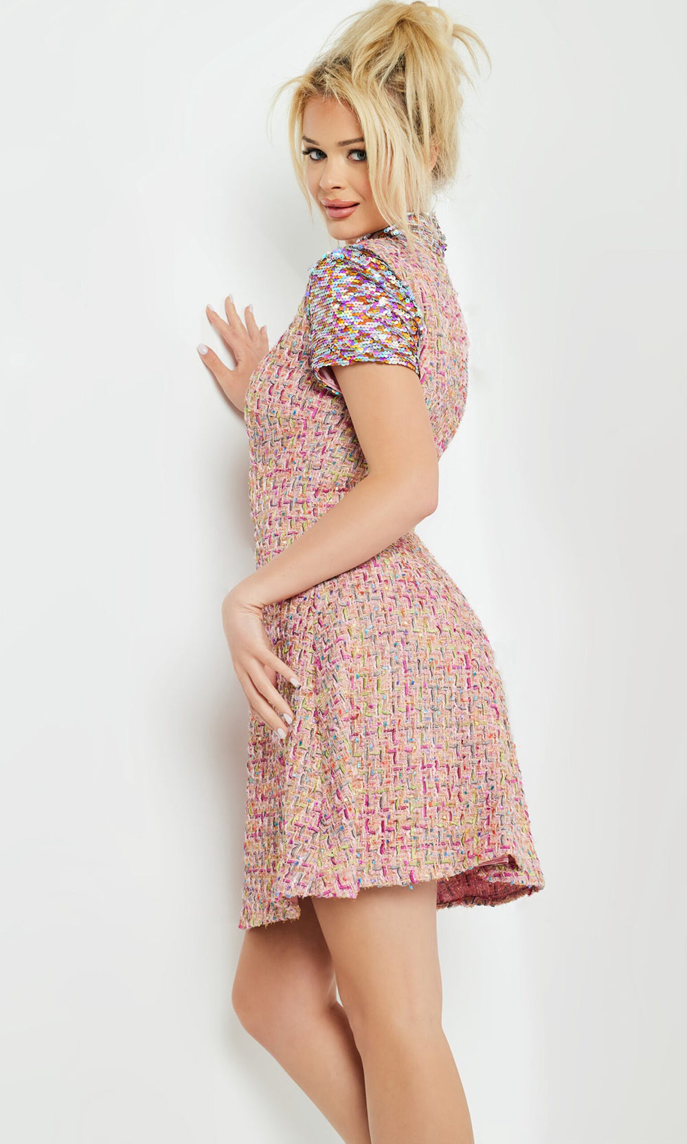 Jovani M68930 - Collared High Neck Tweed Short Dress