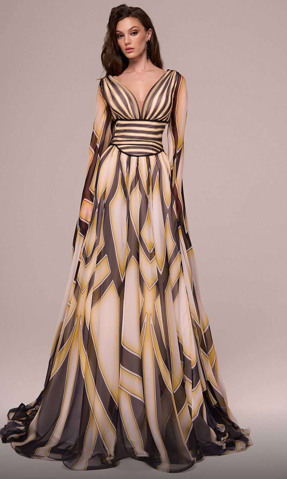 MNM Couture F02862 - Plunging Neckline Printed Evening Gown Mother of the Bride Dresses