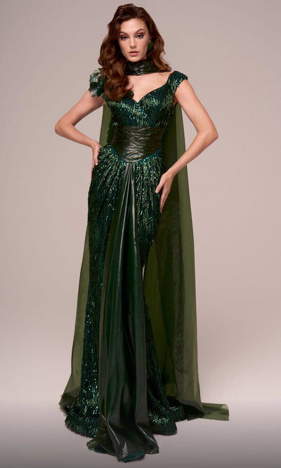 MNM Couture F02889 - V-Neck Evening Gown with Cape Evening Gown