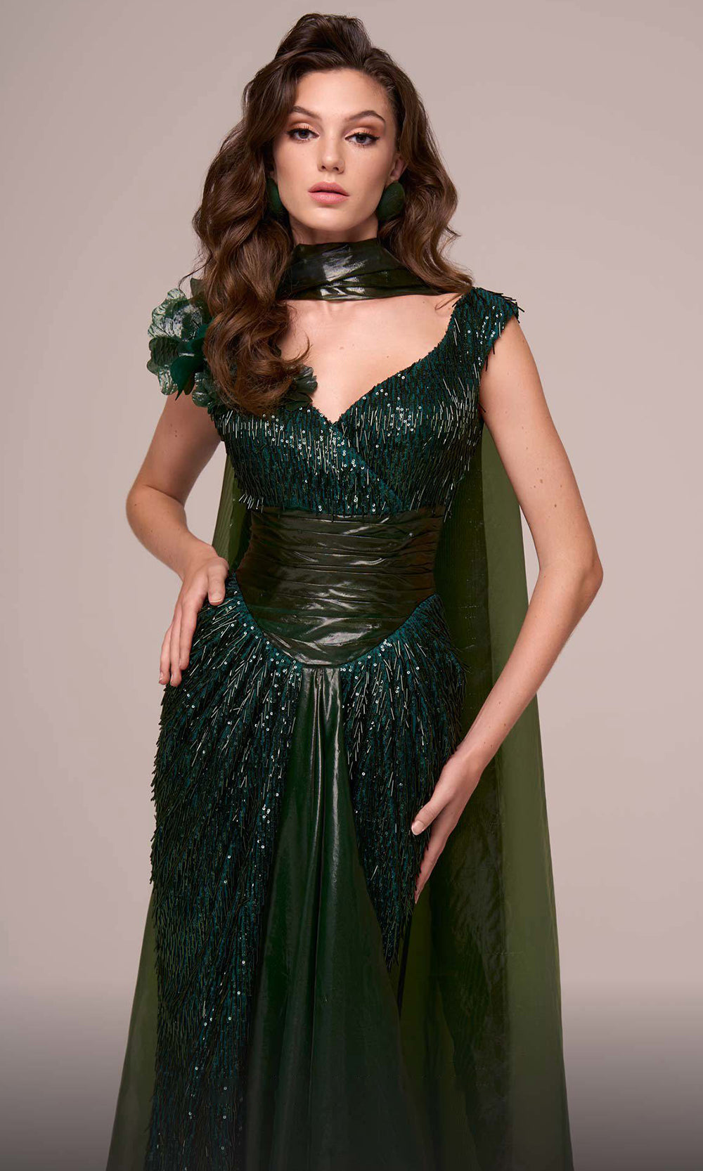 MNM Couture F02889 - V-Neck Evening Gown with Cape Evening Gown