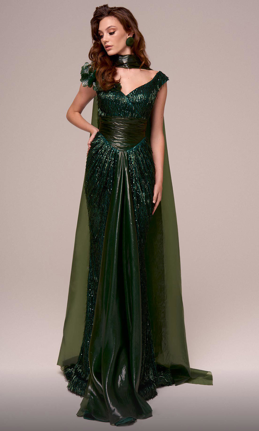 MNM Couture F02889 - V-Neck Evening Gown with Cape Evening Gown