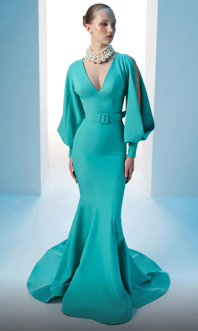 MNM Couture N0605 - Deep V-Neck Seamed Evening Gown Evening Gown