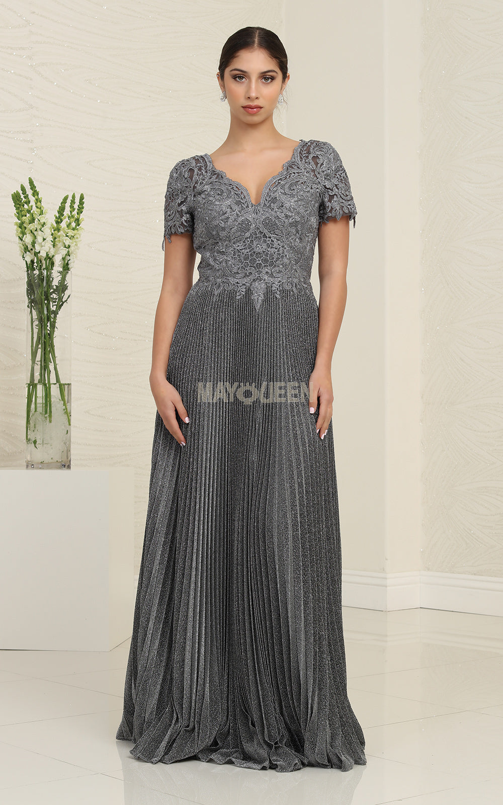 May Queen MQ1902 - Short Sleeve V Neck A Line Gown