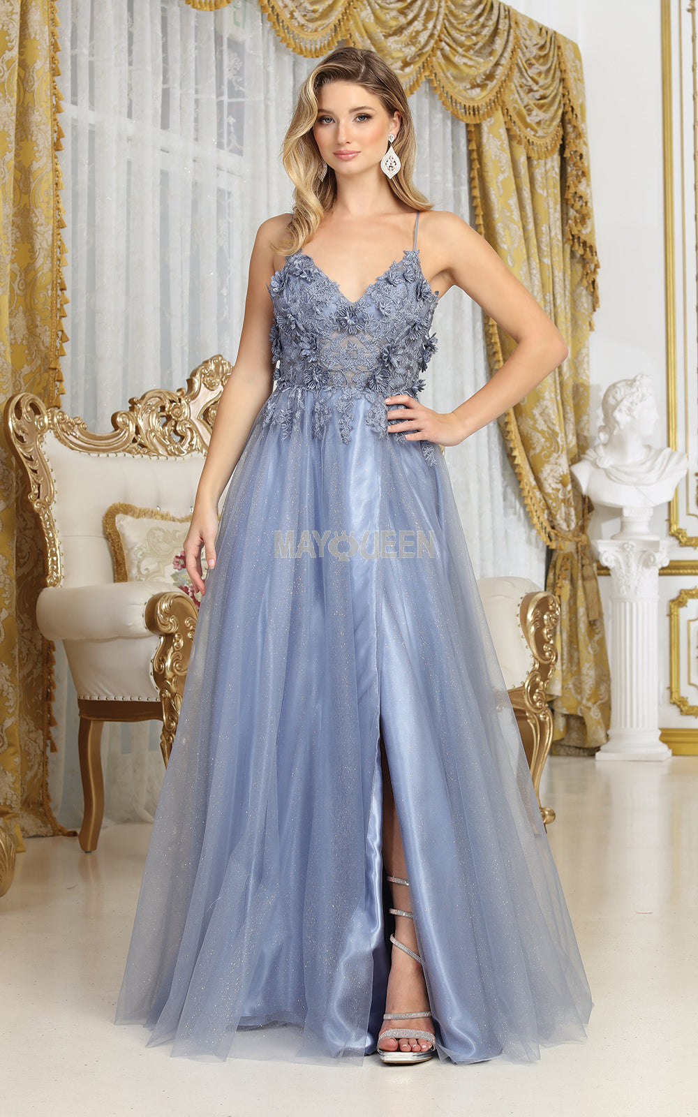 May Queen MQ2011 Spaghetti Strap Floral Embellished Tulle Evening Gown - DUSTY BLUE / 12 May Queen MQ2011 Spaghetti Strap Floral Embellished Tulle Evening Gown - DUSTY BLUE / 12