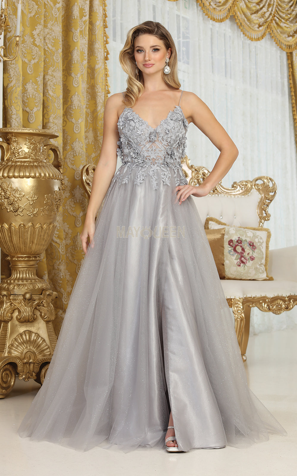 May Queen MQ2011 Spaghetti Strap Floral Embellished Tulle Evening Gown - Dusty Blue / 12 May Queen MQ2011 Spaghetti Strap Floral Embellished Tulle Evening Gown - Dusty Blue / 12