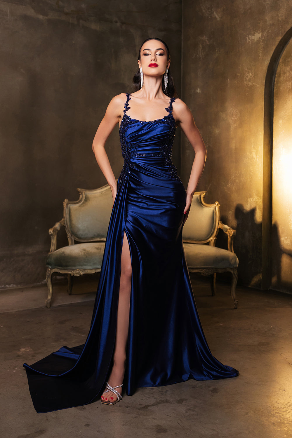 May Queen MQ2145B - Scoop Ruched Gown with Draping
