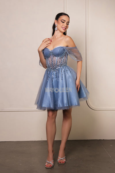 May Queen MQ2147 - Beaded Drape Cocktail Dress