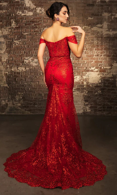 May Queen MQ2158 - Off Shoulder High Slit Evening Gown Prom Dresses