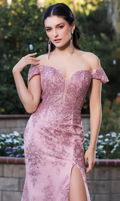 May Queen MQ2158 - Off Shoulder High Slit Evening Gown Prom Dresses