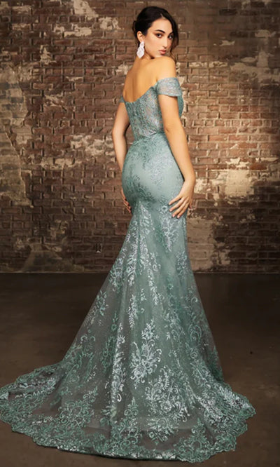 May Queen MQ2158 - Off Shoulder High Slit Evening Gown Prom Dresses