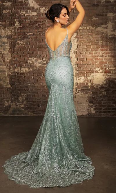 May Queen MQ2166 - V-Neckline Illusion Corset Evening Gown Prom Dresses