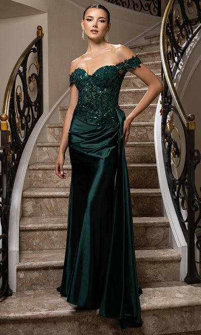 May Queen MQ2177 - Off Shoulder Draped Sheath Gown Prom Dresses