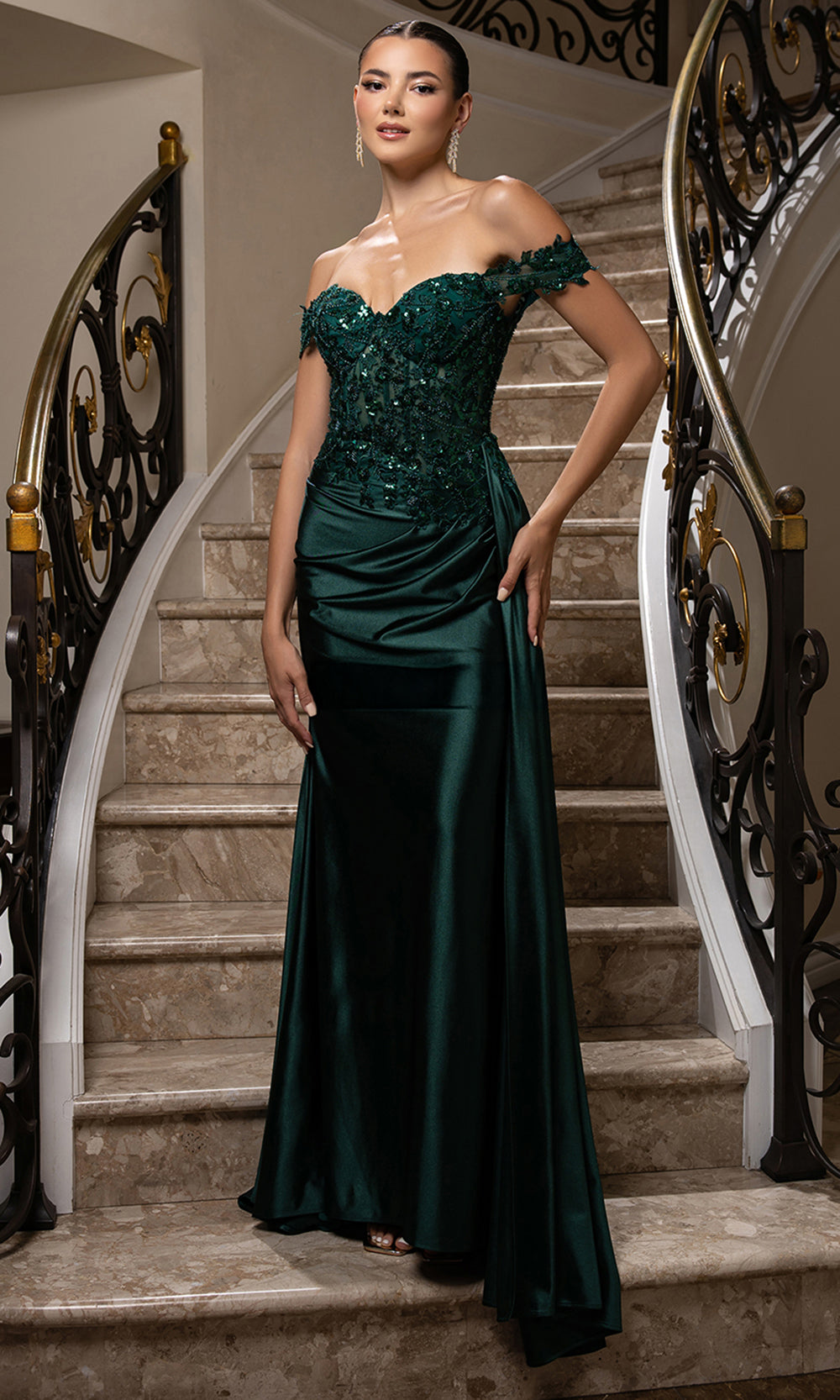 May Queen MQ2177 - Off Shoulder Draped Sheath Gown Prom Dresses