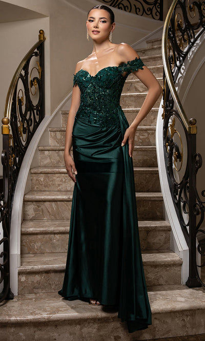 May Queen MQ2177 - Off Shoulder Draped Sheath Gown Prom Dresses