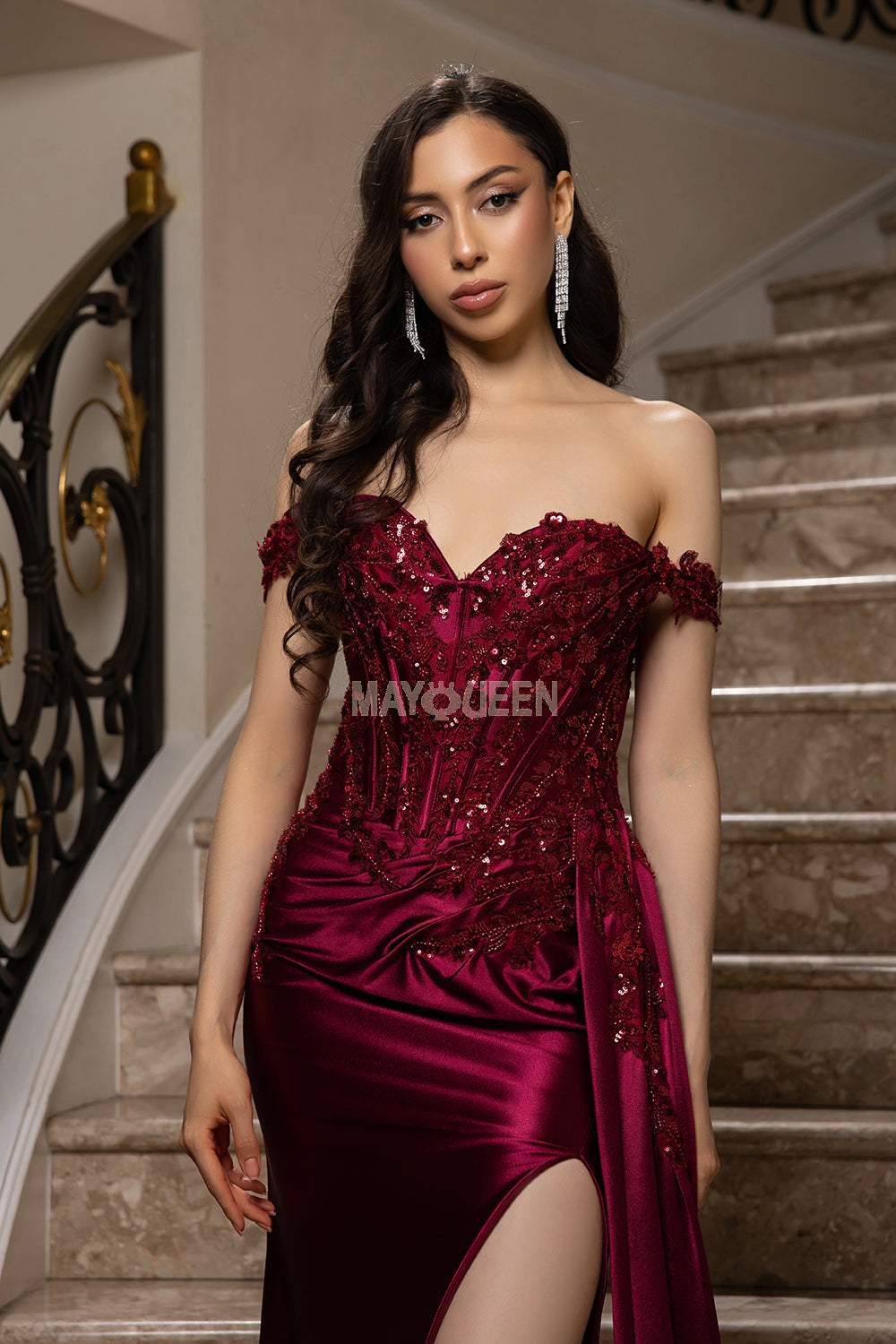 May Queen MQ2179 - Beaded Applique High Slit Gown Prom Dresses