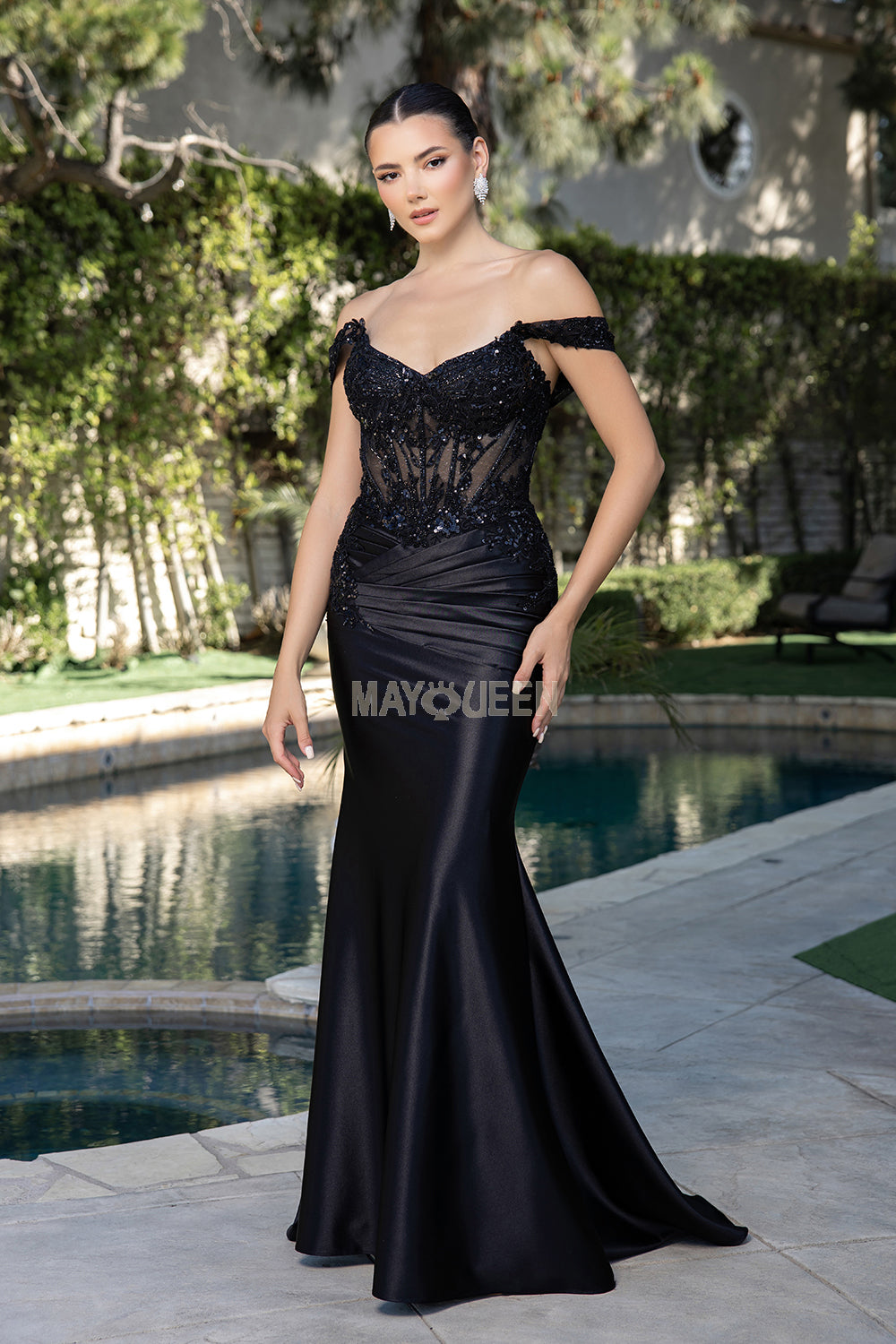 May Queen MQ2180 - Sheer Corset Embellished Sheath Gown Prom Dresses