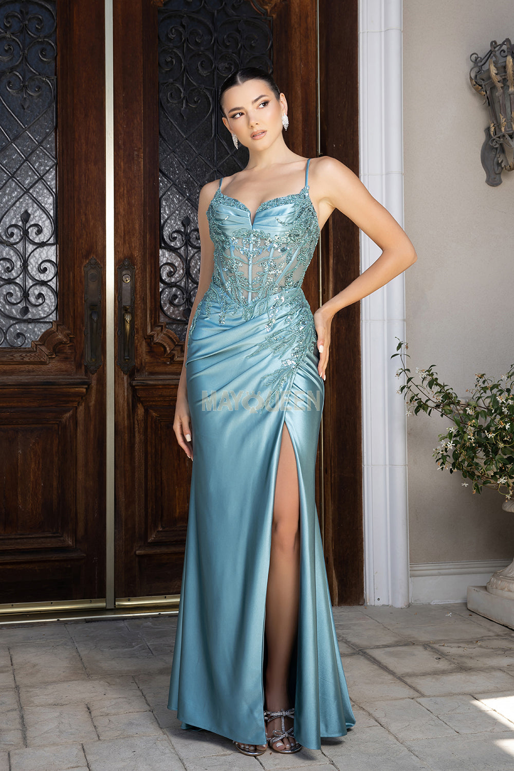 May Queen MQ2183 - Embroidered Sweetheart Slit Evening Gown Prom Dresses