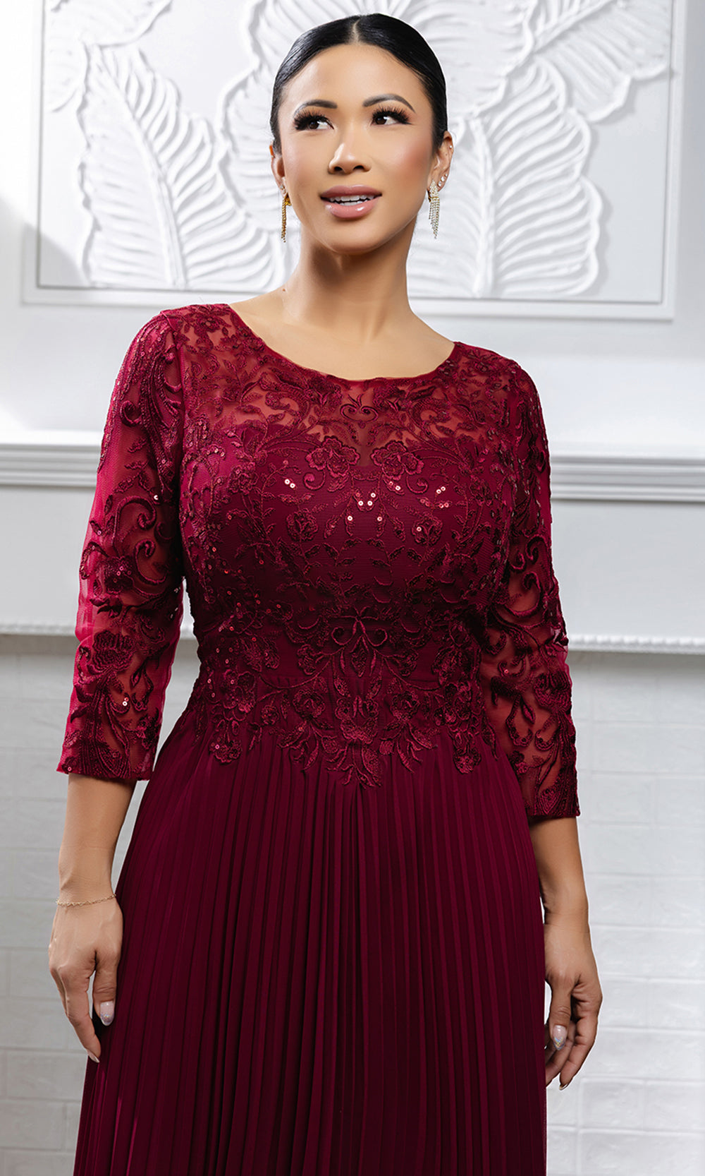 May Queen MQ2189 - Three-Quarter Sleeve Embroidered Midi Dress
