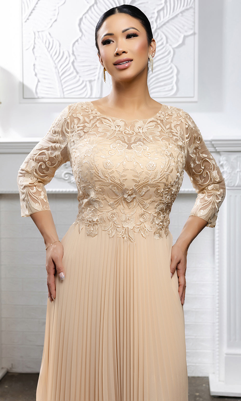 May Queen MQ2189 - Three-Quarter Sleeve Embroidered Midi Dress