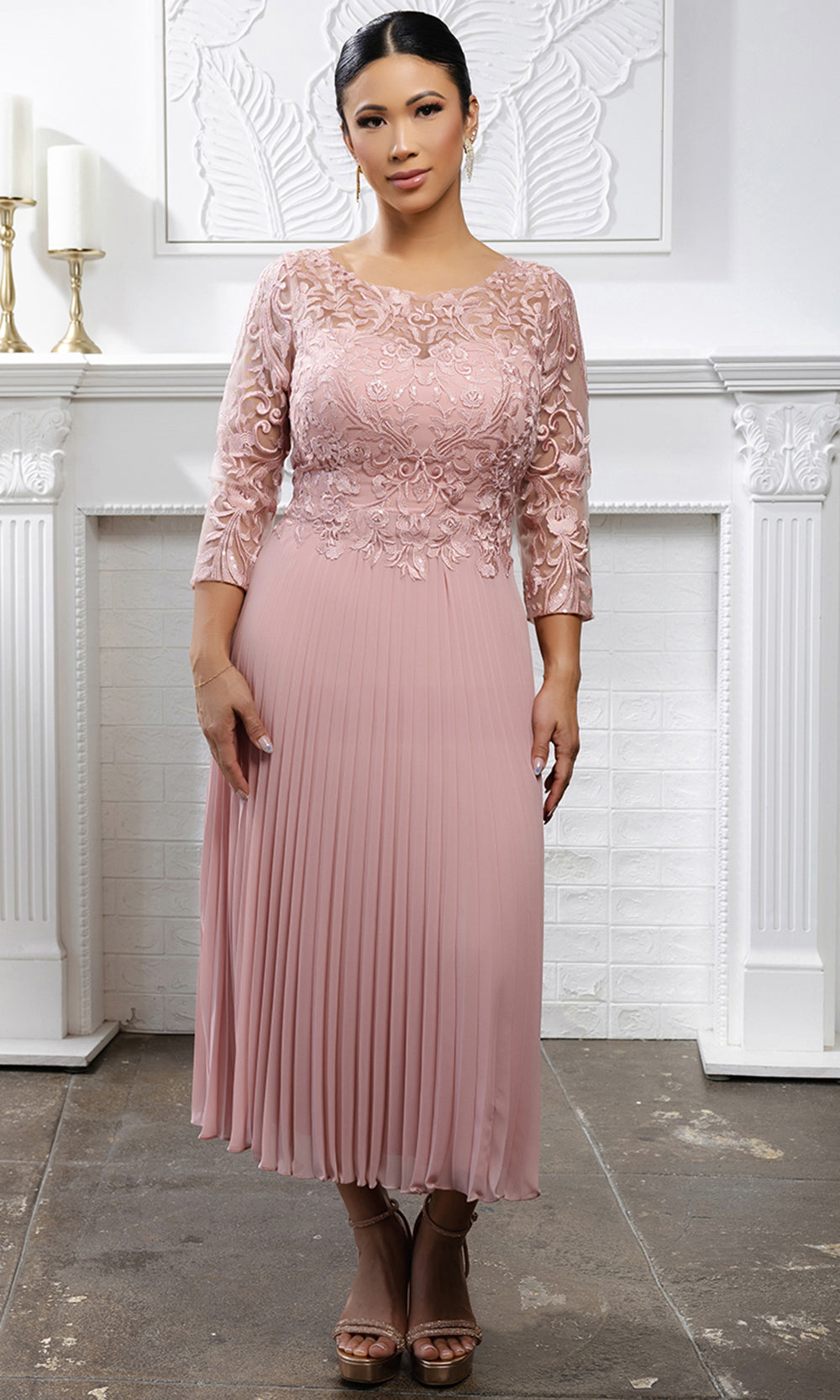 May Queen MQ2189 - Three-Quarter Sleeve Embroidered Midi Dress
