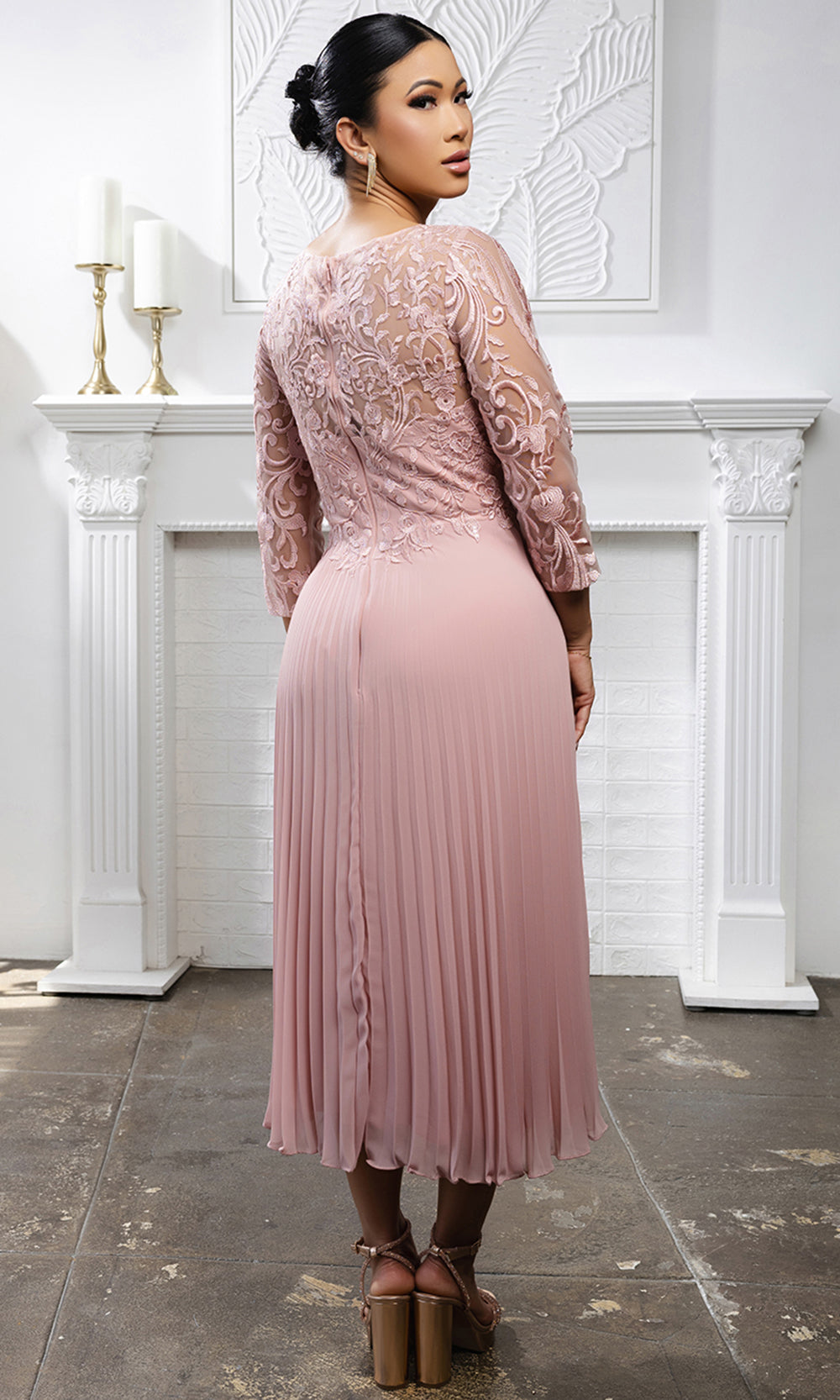 May Queen MQ2189 - Three-Quarter Sleeve Embroidered Midi Dress