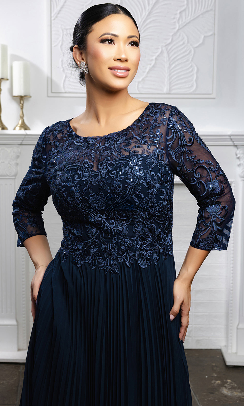 May Queen MQ2189 - Three-Quarter Sleeve Embroidered Midi Dress