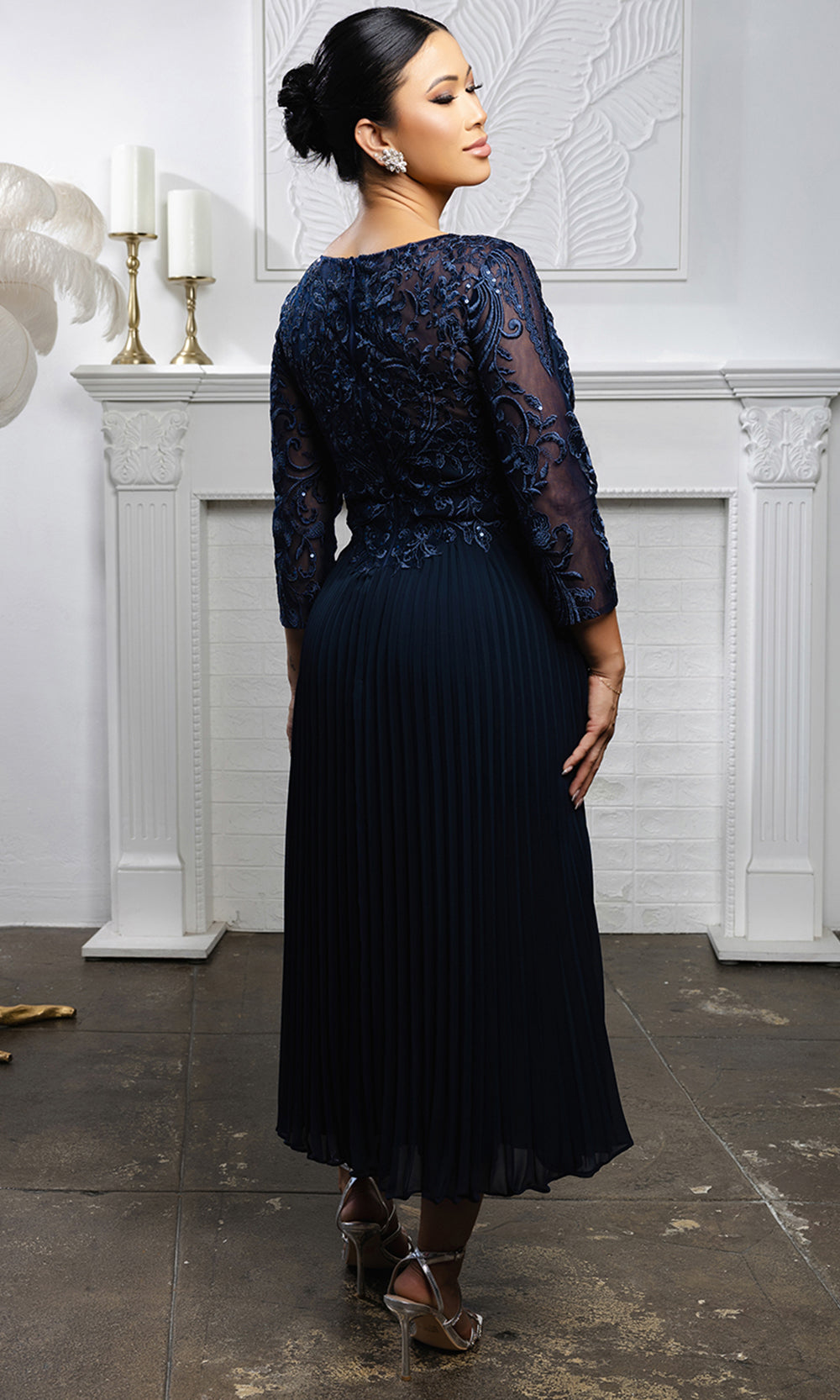 May Queen MQ2189 - Three-Quarter Sleeve Embroidered Midi Dress