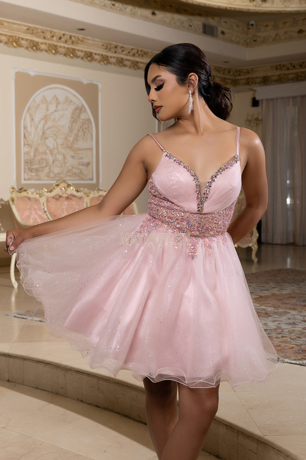 May Queen MQ2192 - Sleeveless Lace Appliqued Mini Dress Homecoming Dresses