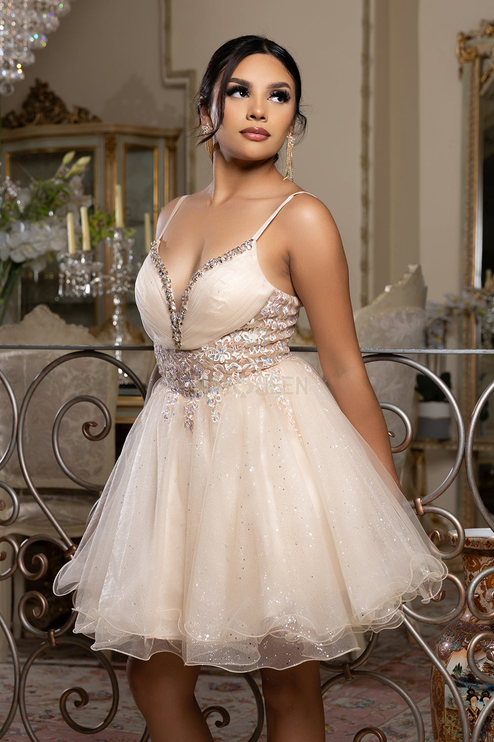 May Queen MQ2192 - Sleeveless Lace Appliqued Mini Dress Homecoming Dresses