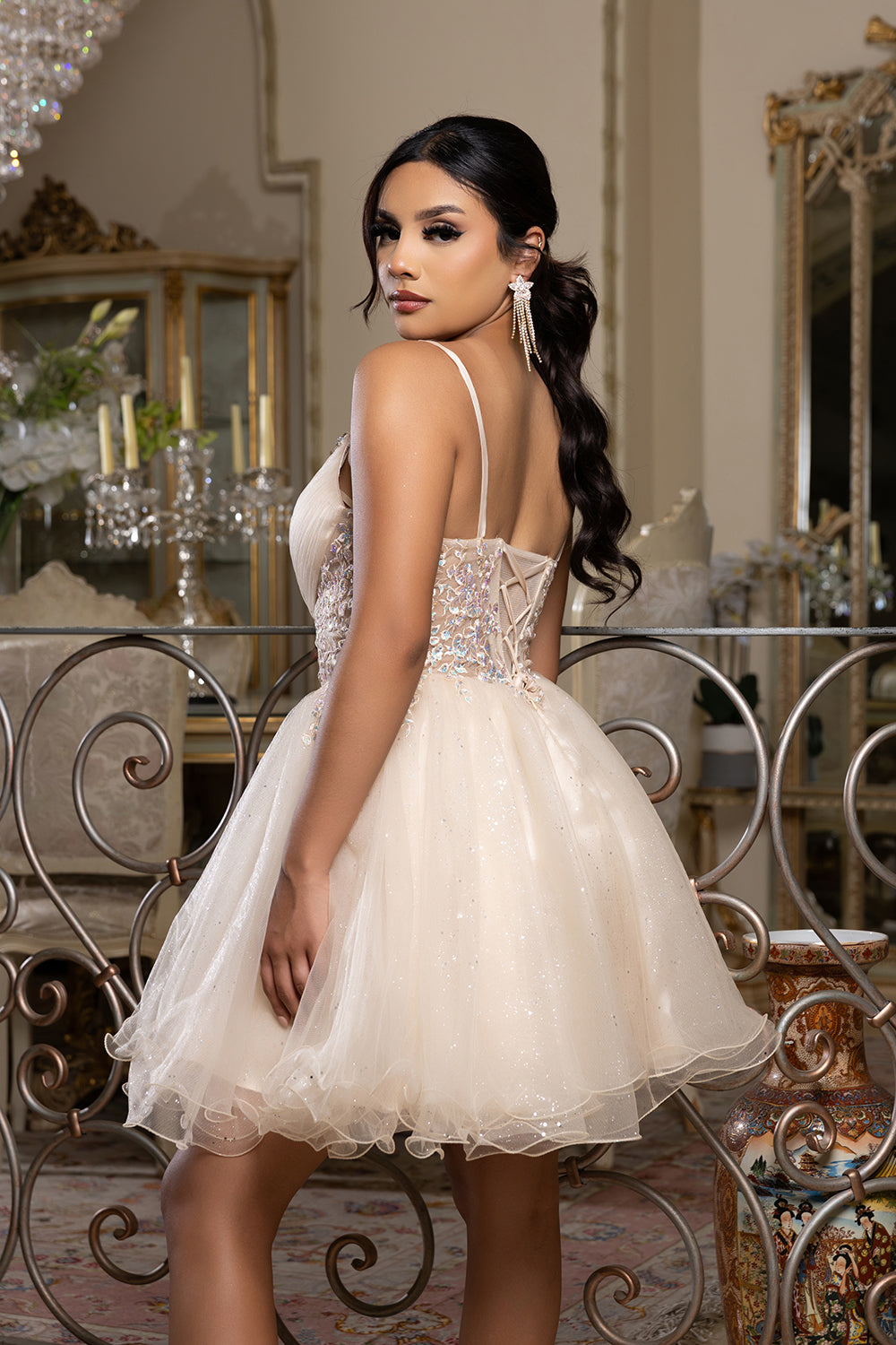 May Queen MQ2192 - Sleeveless Lace Appliqued Mini Dress Homecoming Dresses