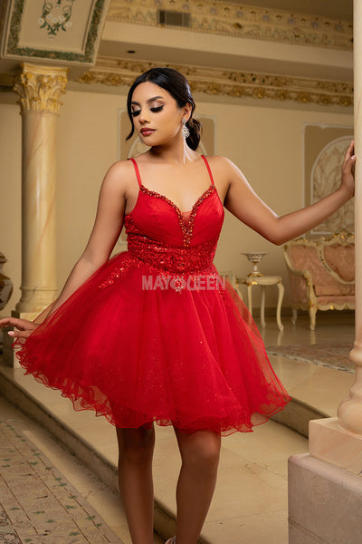 May Queen MQ2192 - Sleeveless Lace Appliqued Mini Dress Homecoming Dresses